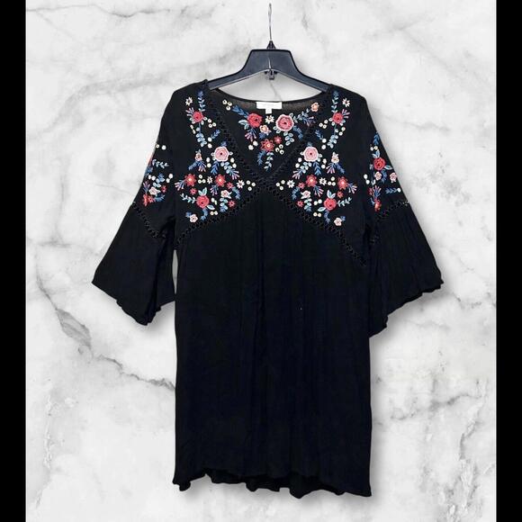 UMGEE Black Embroidered Shift Dress Women’s Sz XL Peasant BOHO 3/4 Sleeves (A) - Picture 1 of 9